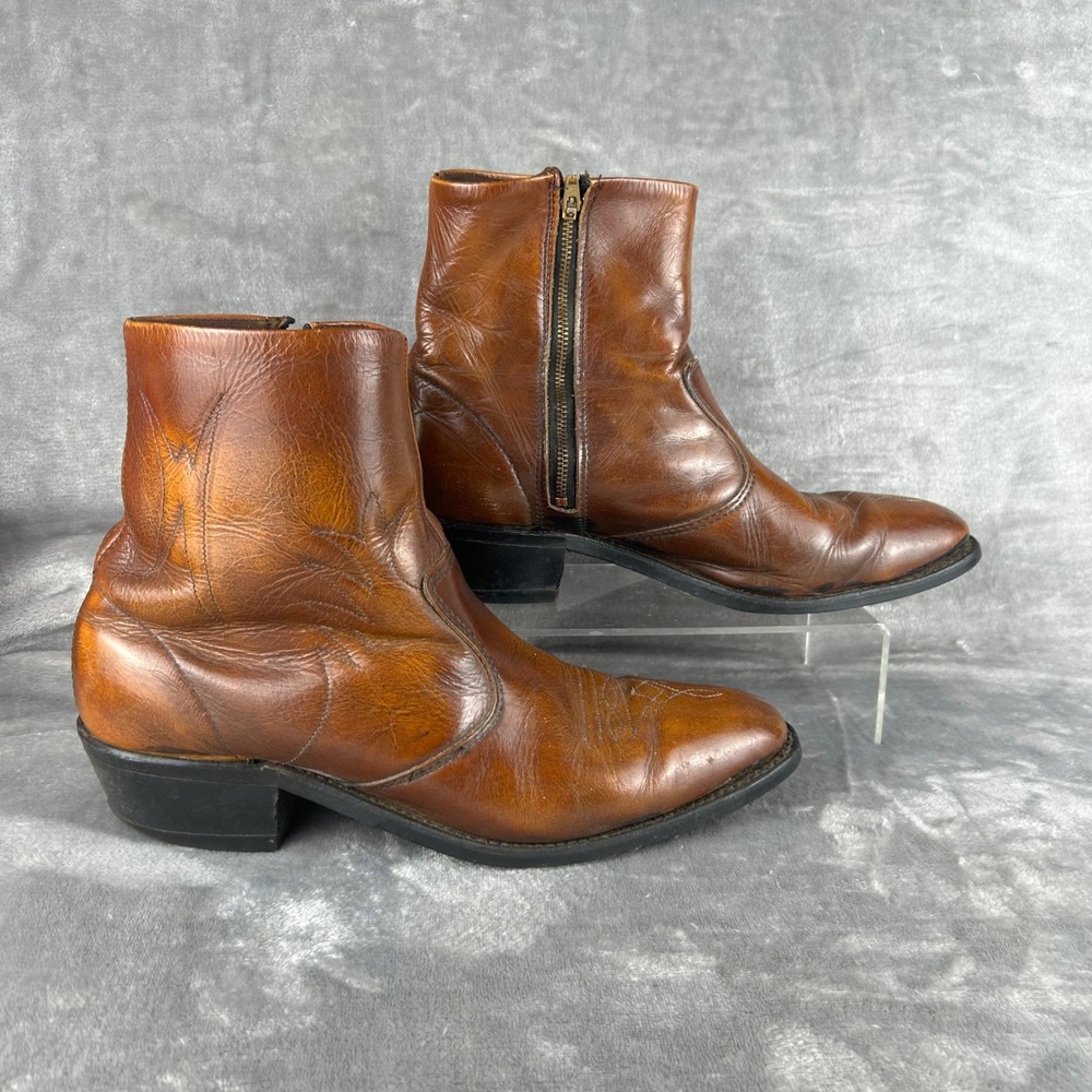 Double H Vintage Brown Leather Western Side Zip Cowboy Boots Mens 9.5 D Beatle
